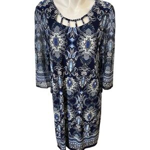 Studio One New York Sheath Dress Womens Size Large Blue White Paisley Floral
